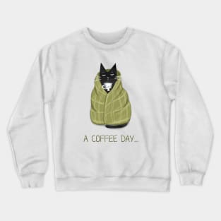 Cartoon funny black cat and the inscription "A coffee day". Crewneck Sweatshirt